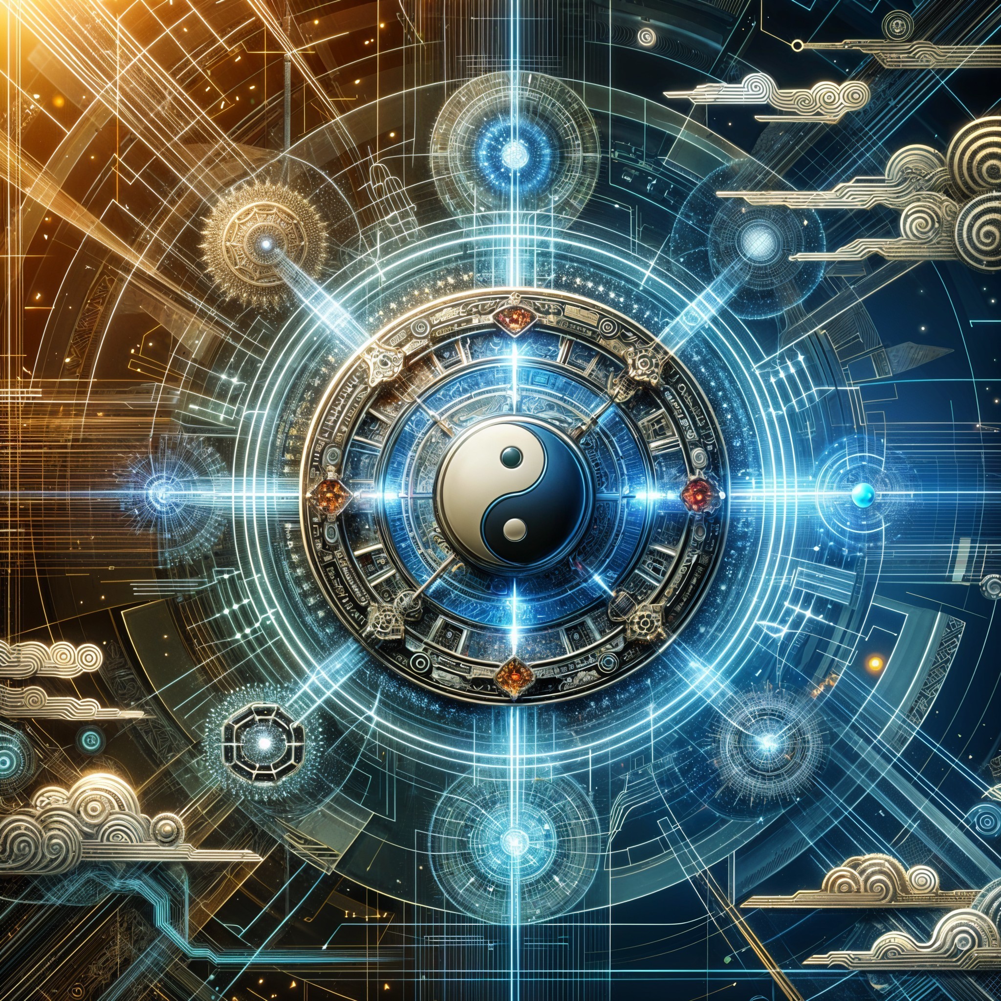 The image features a vibrant, futuristic design centered around a yin-yang symbol, surrounded by intricate patterns, glowing lines, and abstract cloud motifs, evoking harmony and balance.